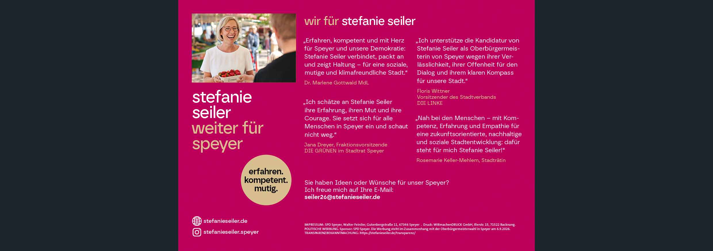 Bildmaterial zur Kampagne für Stefanie Seiler zur OB-Wahl in Speyer 2026