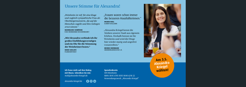 Bildmaterial zur Kampagne für Alexandra Kriegel zur OB-Wahl in Weinheim 2026